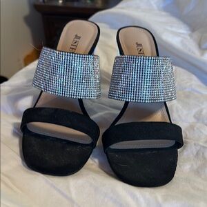 JustFab Black Sandals with Silver Rhinestones